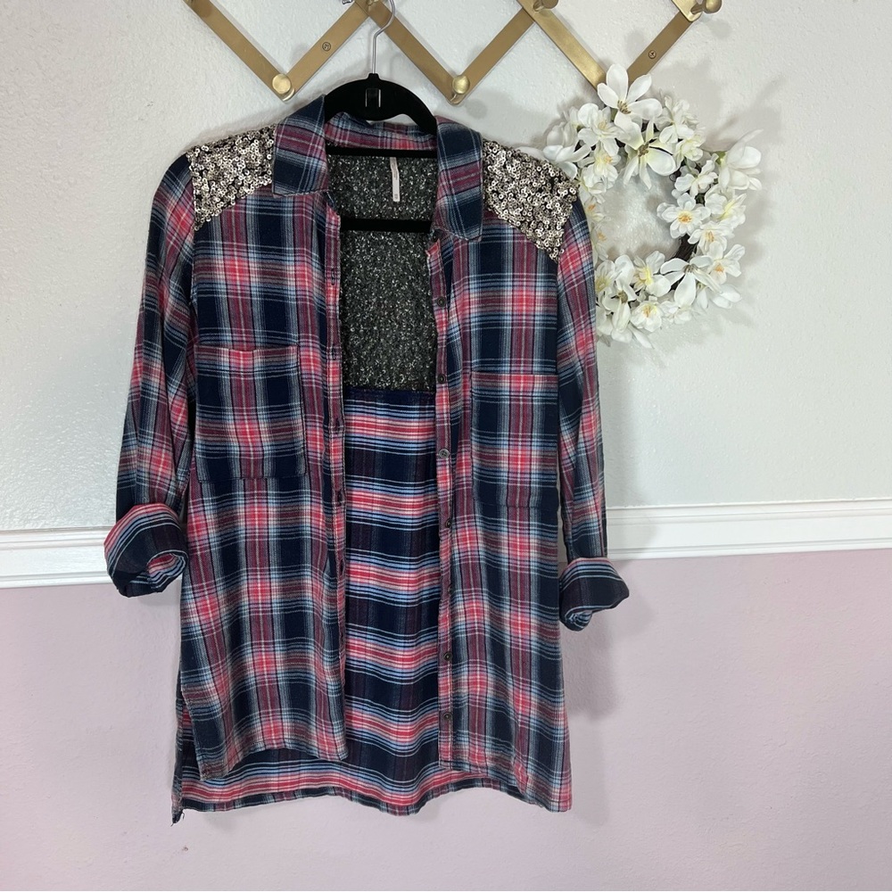 Free Peopke Plaid Flannel Red/Blue & Gold Sequined Button Down Shirt